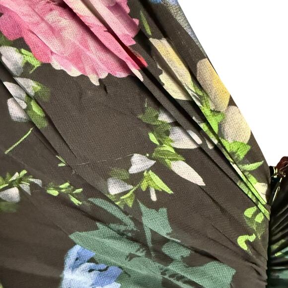 Badgley Mischka Black Floral Print Long Sleeve V-Neck Pleated Chiffon Gown 12 - Picture 12 of 16